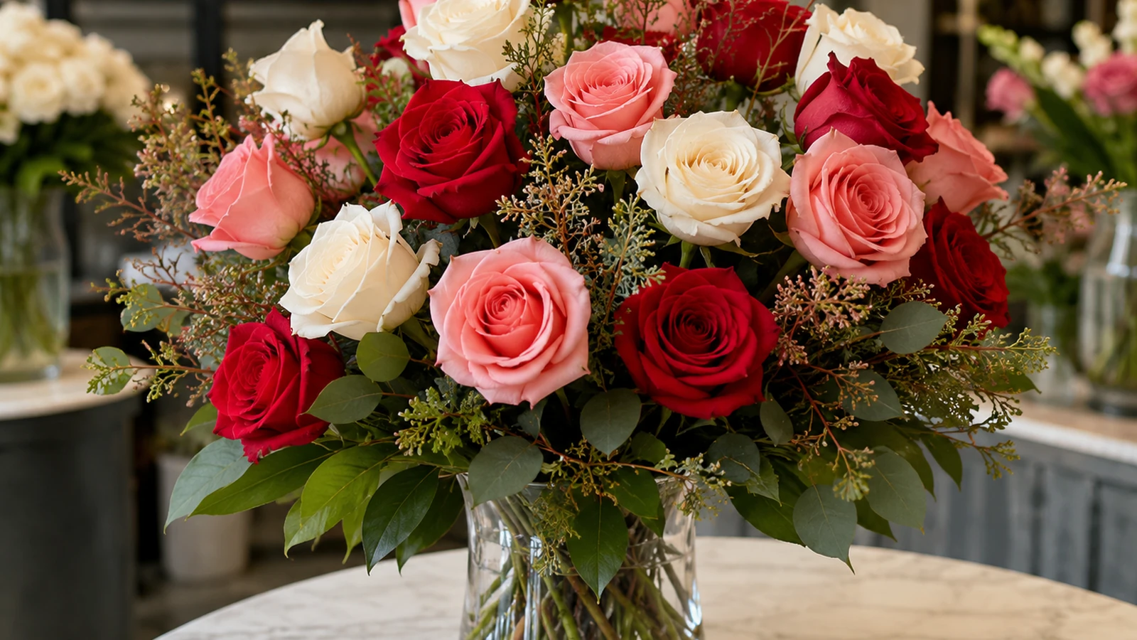 Respectful white sympathy flower arrangement prepared for Nashville funeral home delivery by Velvet Rose