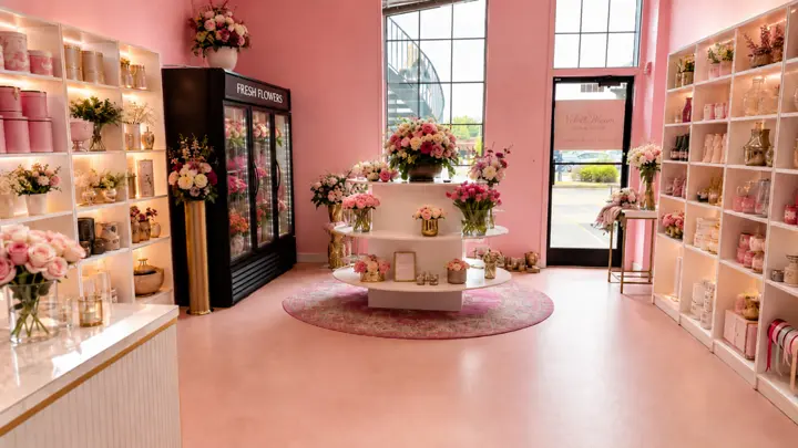 Fresh flower cooler and shop display at Velvet Rose