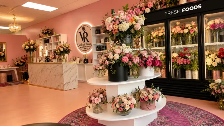 Flower cooler and centerpiece display inside Velvet Rose