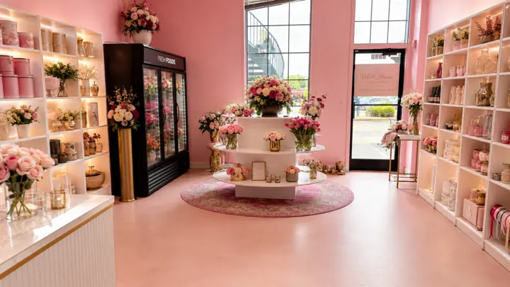 Pink flower shop display inside Velvet Rose